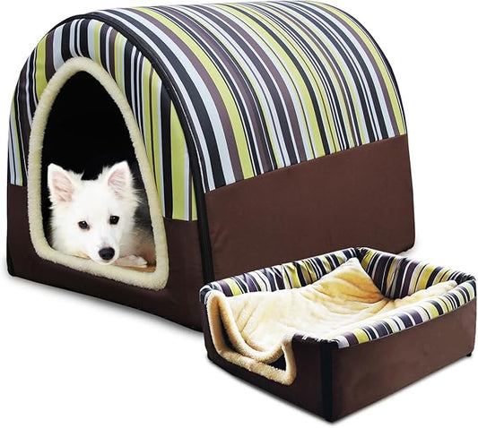 Dog Bed,2 Ways to Use,Indoor Pet House with Fluffy Mat,Removable and Washable Cover,Splash-Proof House and Non-Slip Bottom,for Large Dogs(XL Vertical Stripes)