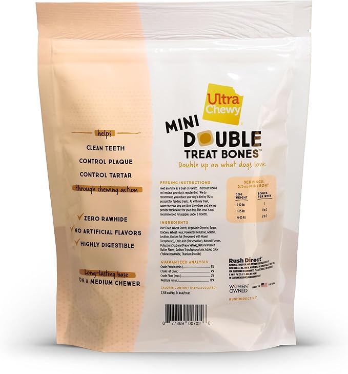 Ultra Chewy Mini Double Treat Bones: Long-Lasting Dog Treats Made in USA, Highly Digestible, Ideal for Aggressive Chewers 9oz (Peanut Butter and Chicken Flavor, 2 Packs)