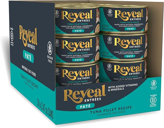 Reveal Entrées Natural Wet Cat Food Paté, Grain-Free with Added Vitamins & Minerals, Carrageenan-Free and High Protein, Tuna Fillet Paté Recipe (24 x 2.47 oz Cans)