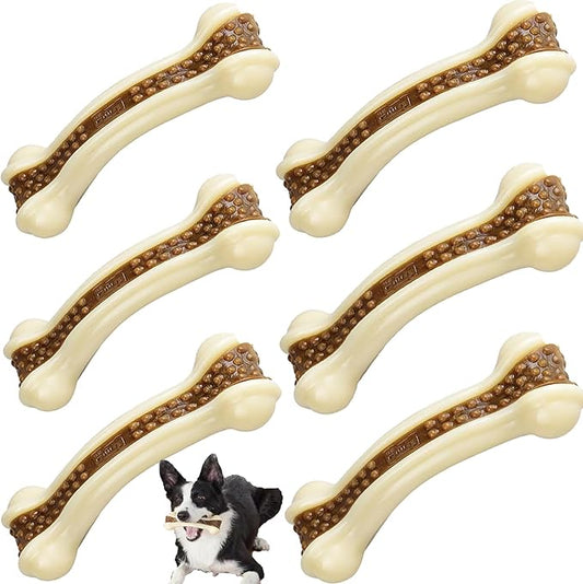 Dog Bones Chew Toys for Aggressive Chewers, 6 Pack Real Beef Flavor,Indestructible Dog Teething Chew Toys for Large/Medium/Small Puppies Breed,Tough Pet Toy with Nylon