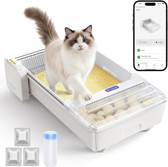 Self Cleaning Cat Litter Box - Fully Open Automatic Litter Box with Roomy Space+Vis Waste Bin, APP for Mutil Cats, Weight Sensors Anti Pinch Safety, Work with Cassava Clay Litter