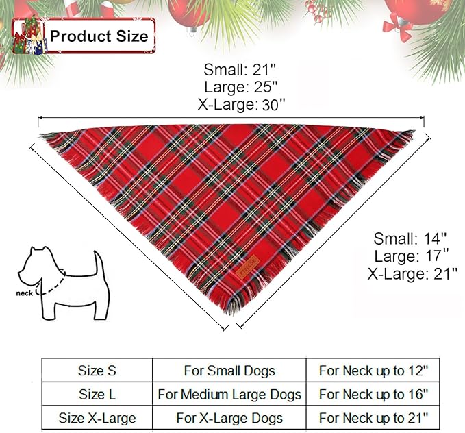 PTDECOR Christmas Dog Bandanas with Tassels Edges, Stylish Red White Plaid Scarf Bib, Premium Cotton Fabric, Reversible Triangle Xmas Bandanas for Extra Large Dogs (X-Large)