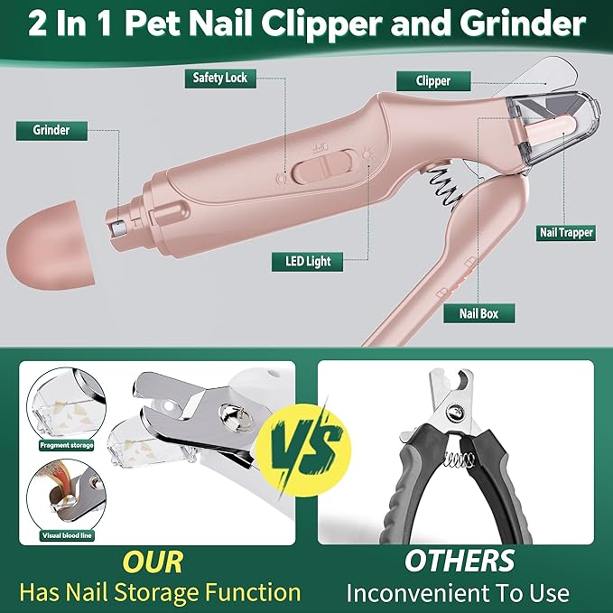 2 in 1 Dog Nail Clippers & Cat Nail Clippers Trimmers for Large Medium Small Dogs Cats Claw Trimmer Quick Sensor and Safety Guard USB Rechargeable Dogs Nail Trimmer with Catcher & 2 LED Lights
