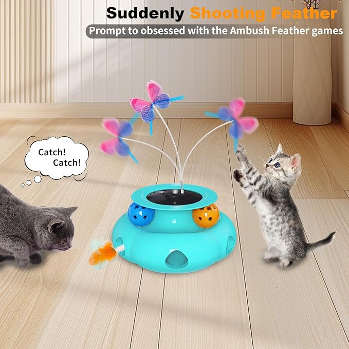 Interactive Cat Toys for Indoor Cats, 3in1 Pet Teaser Toy with Ambush Feather Wand, Fluttering Butterfly and Track Balls, Touch Activated Automatic Kitten Rechargeable Toys