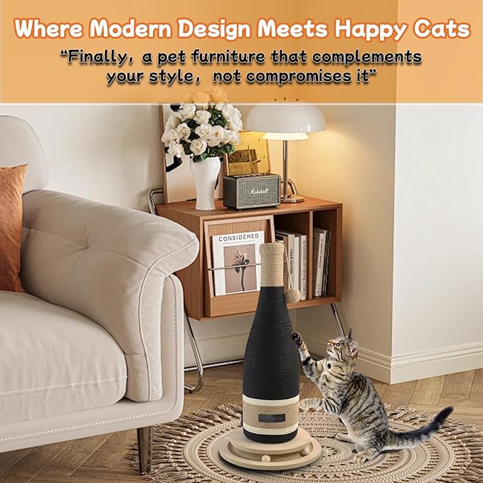 Wine Bottle Cat Scratching Post - 24.8 Inch Vertical Scratcher with Interactive Ball Track, Premium Sisal & Sturdy Base for Indoor Cats, Modern Home Décor