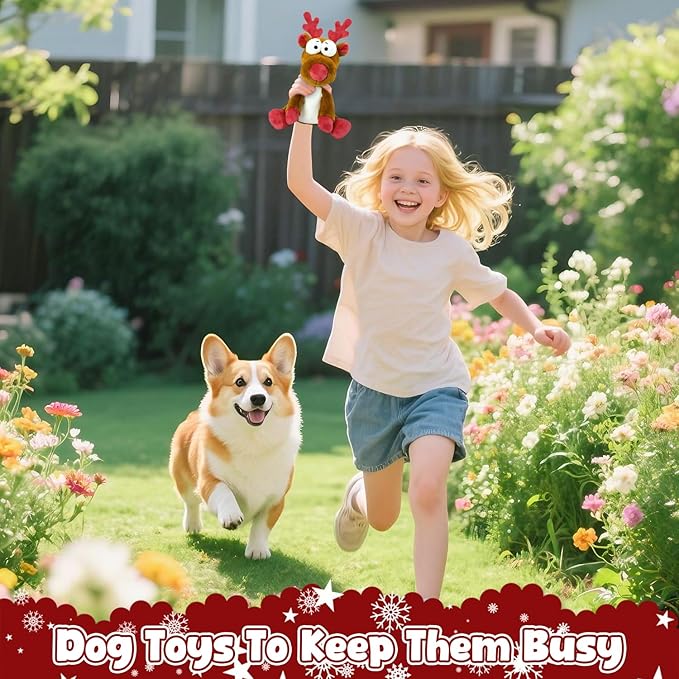 Christmas Squeaky Dog Toys, Stuffed Toys with Crinkle Paper, Interactive Toys to Keep Them Busy, Durable Plush Reindeer for Small, Medium and Large Dogs.