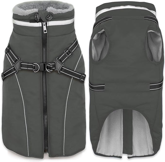 Fragralley Dog Coat with Harness Built in, Waterproof Windproof Reflective Warm Puffer Jacket, Fleece Lined Vest Winter Parka for Small, Medium, Large Dogs