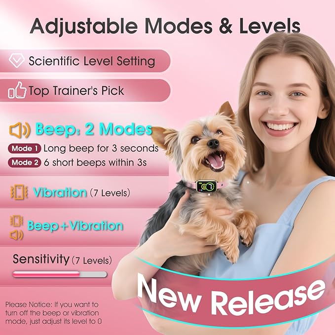 1S Stop Barking Smart Dog Bark Collar, Humane Anti Barking Device with Beep & Vibration, 7 Adjustable Sensitivity, Ultra-Light Bark Collar for Small Medium Large Dogs IP67 Waterproof Indoor Outdoor