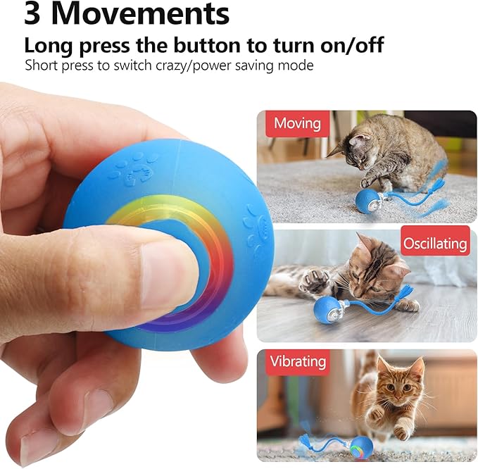 Interactive Cat Toys, Automatic Moving Cat Toys for Bored Indoor Adult Cats, Fast Rolling, Chirping & Motion-Activated Kitty Toys, Fun Gift for Cats with Speedy Tail 2.0, USB Rechargeable (Blue)