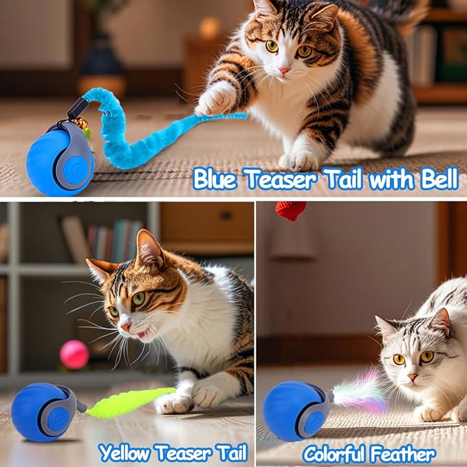 2PCS Interactive Cat Toy Ball with Feather Tails - Speedy Cat Toys for Indoor Cats, Moving Stimulation Smart Cat Toy for Enrichment, Motion Activated Automatic Rolling Toys to Keep Them Busy Blue