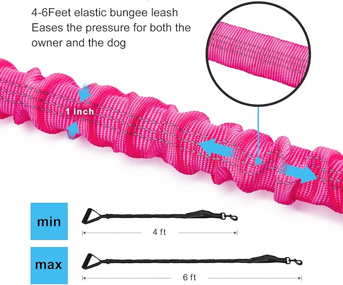 6FT Highly Reflective Heavy Duty Elastic Bungee Medium and Large Dog Leash Shock Absorbing with Comfortable Padded Handle and Traffic Handle Suitable for Training Hot Pink