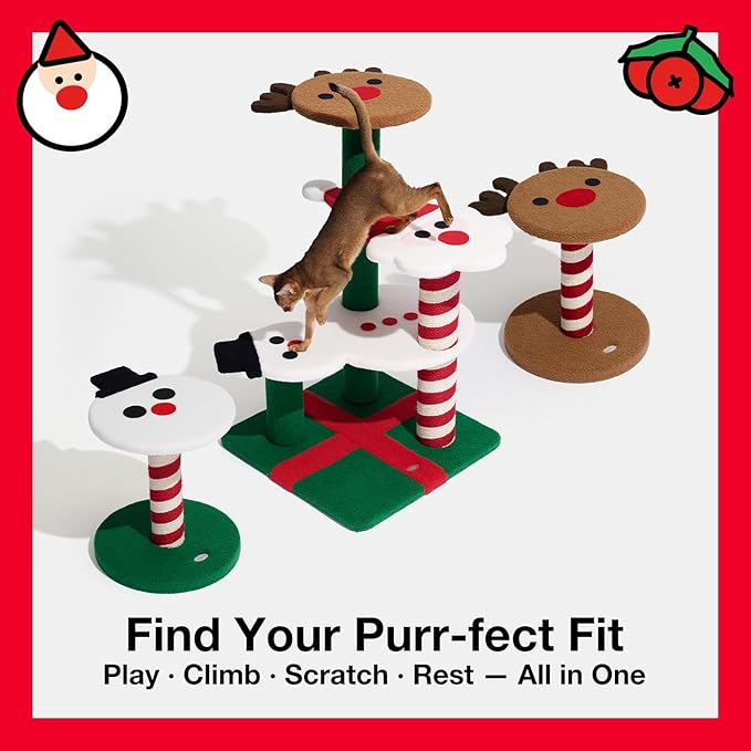 VETRESKA 18.1" Snowman Cat Scratching Post, Two-Layer Soft Plush Platforms, Space-Saving Kitten Christmas Cat Scratcher & Rest Furniture, Holiday Decoration