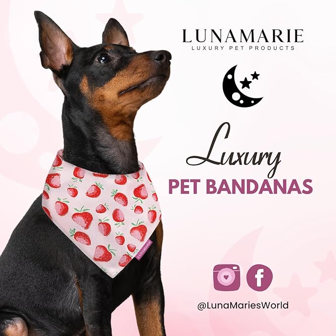 LunaMarie - Luxury Dog Bandanas - Cute Unique Designs | Premium & Silky Poly Fabric | 100% Handmade Custom Shape Dual Layered Small, Medium, Large Cat Scarf (Strawberry, Medium)