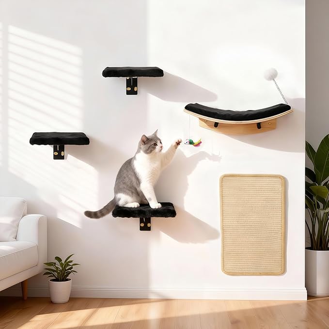 Cat Shelves for Wall，5 in 1 Cat Furniture Set with Soft Pad，Space-Saving Wall Mounted Shelves for Play & Rest