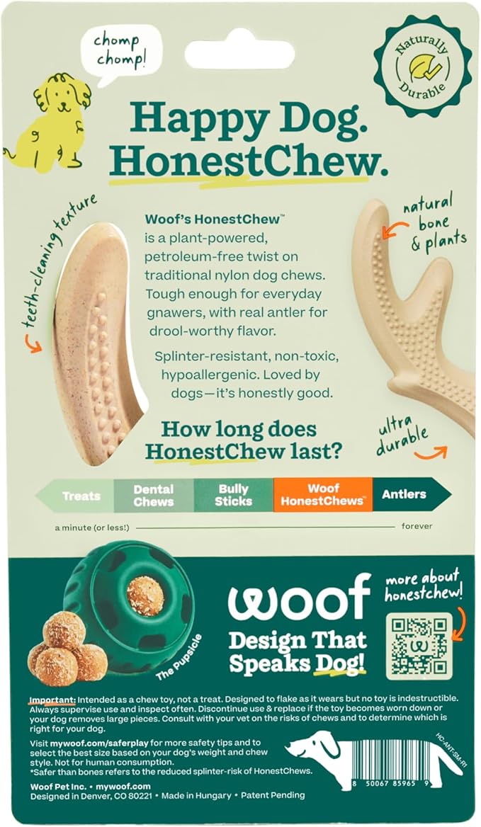 WOOF HonestChew Dog Toy Antler - Durable Dog Chews - Made with Natural, Plant-Based Ingredients - Splinter-Resistant - Safer Than Dog Bones - Small