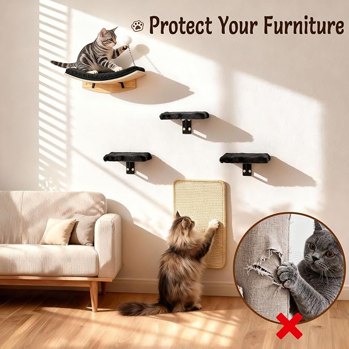 Cat Shelves for Wall，5 in 1 Cat Furniture Set with Soft Pad，Space-Saving Wall Mounted Shelves for Play & Rest