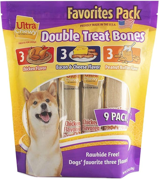 Ultra Chewy Double Treat Bones Favorites, Dog Treats, Made in The USA, Healthy Treats, Easy to Digest, Promotes Dental Health (Assorted Flavors, 1 Pack/9 Bones Per Pack)