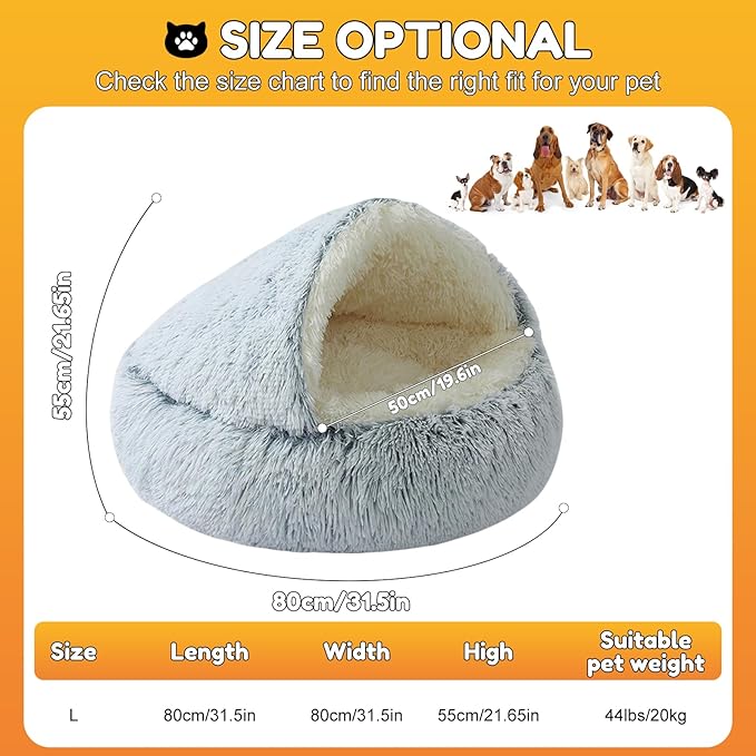 2-in-1 Dog Bed: Upgraded Aluminum Rim Support & Non Slip Bottom - Cozy Cave + Blanket for Large Medium Dogs Under 20 kg (44 lbs) | Plush Self-Heating for Border Collie, Labs