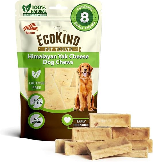 EcoKind Premium Gold Yak Cheese Himalayan Dog Chews, Healthy Dog Treats for Small Dogs, All Natural, High Protein Dog Chew, Bacon, Small - 8 Chews