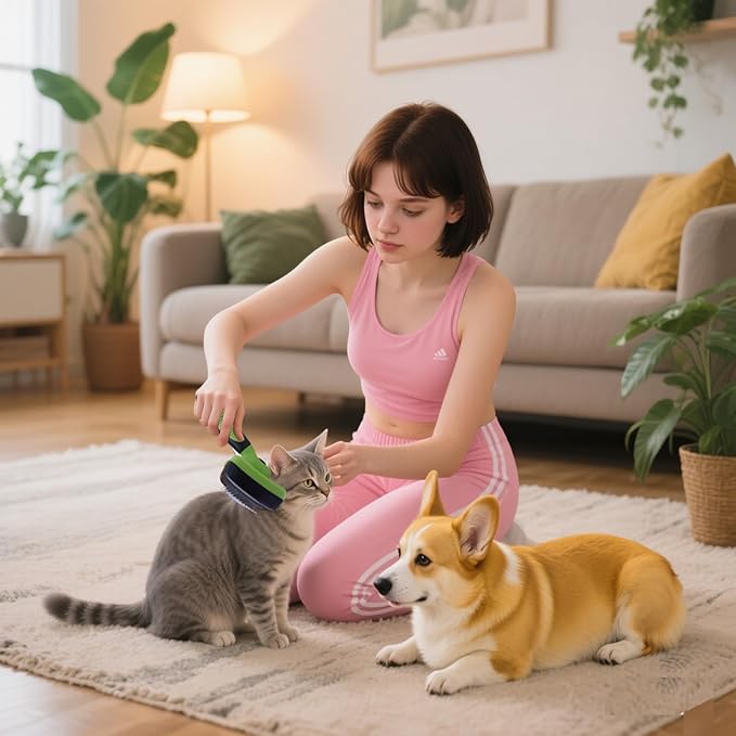 Self Cleaning Slicker Brush - Pet Hair Removal Tool for Long Short Hair grooming: Soft Rubber Tips Gentle on Sensitive Skin Cat Dog brush Specifically for Indoor pet hair removal glove (green)
