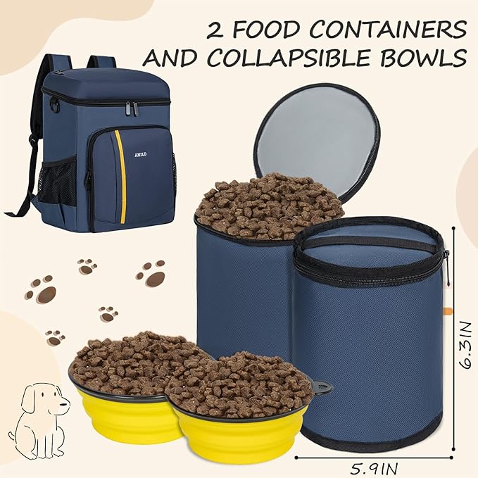 ANILD Dog Travel Backpack - Airline Approved Double-layer Pet Travel Bag Accessories with 2 Food Storage Bag and 2 Foldable Silicone Bowls for Hiking & Camping