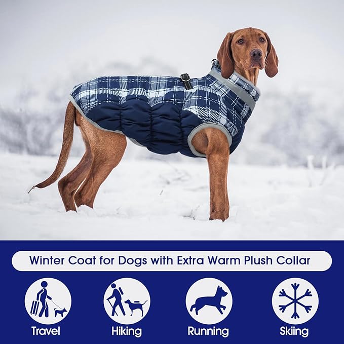 FUAMEY Dog Coat for Small Dogs,Waterproof Dog Winter Jacket with Harness Built in Puppy Cold Weather Coats Reflective Pet Vest with Zipper Warm Fleece Dogs Snowsuit Windproof Blue Plaid XS