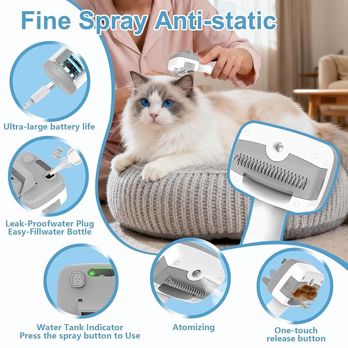 Pet Steam Brush for Dogs & Cats – Self Cleaning, 3 in 1 Hair Removal Comb Steam for Shedding & Dematting for Long & Short Haired Pets,Includes Pet Essence