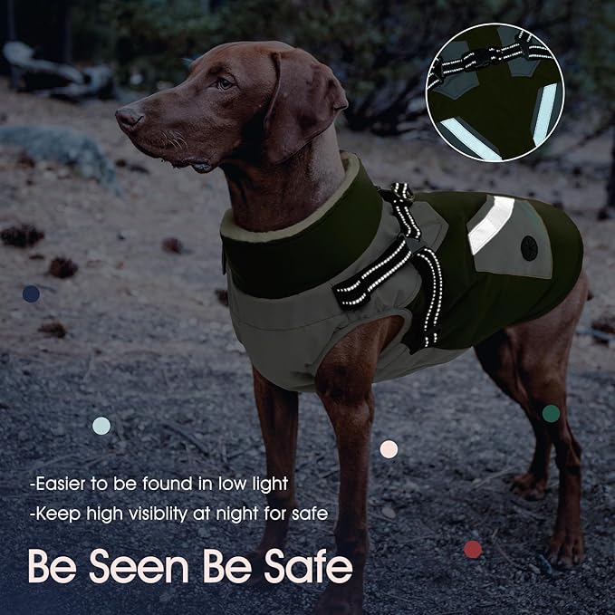 IECOii Large Dog Coat with Harness Built in,Reflective Waterproof Dog Coat for Giant Breeds - Zip Up Fleece Jacket for Dogs,Great Dane Winter Coats Warm Snowsuit for Cold Weather, Green, 4XL