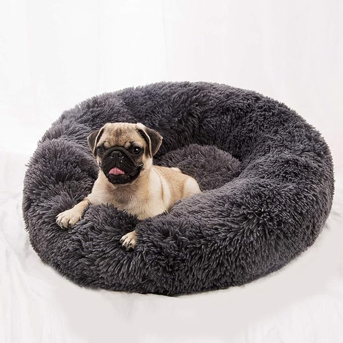 BODISEINT Faux Fur Dog Bed Cat Bed,Shag Round Anti-Anxiety Pet Calming Bed Doughnut Cuddler for Medium Large Puppy Dog Cat Kennel Cushion Self Warming Bed (28'' D x 8'' H, Dark Grey)