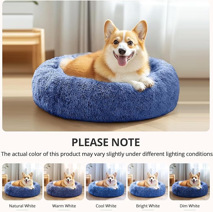 JOLLYVOGUE Calming Dog Bed Medium Size Dog, Anti-Anxiety Donut Medium Pet Bed, 31 inches Fluffy Faux Fur Round Cat Bed, Fits up to 45 lbs Pets (Navy Blue)