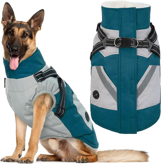 IECOii Large Dog Coat with Harness Built in Waterproof Windproof Dog Winter Coat, Fleece Lined Zip Snow Jacket for Dogs Thermal Outdoor Snowsuit Cold Weather Jackets Bulldog, Turquoise Green,L