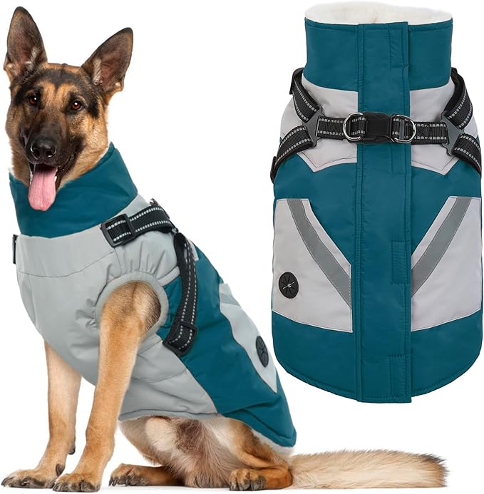 IECOii Dog Winter Coat with Harness Built in, Waterproof Windproof Dog Coats for Large Dogs, Thermal Fleece Cold Weather Jackets with Zip, Outdoor Warm Snow Jacket Reflective, Turquoise Green, XL