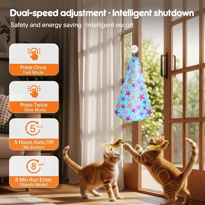 Interactive Cat Toys for Indoor Cats: 2 in 1 Automatic Hide and Seek Flying Bird Feather Wand Chirping Toy, Door Knob Moving Mouse Hunting Toys, Rechargeable Toys for Bored Kitten Adult Cats (Blue)