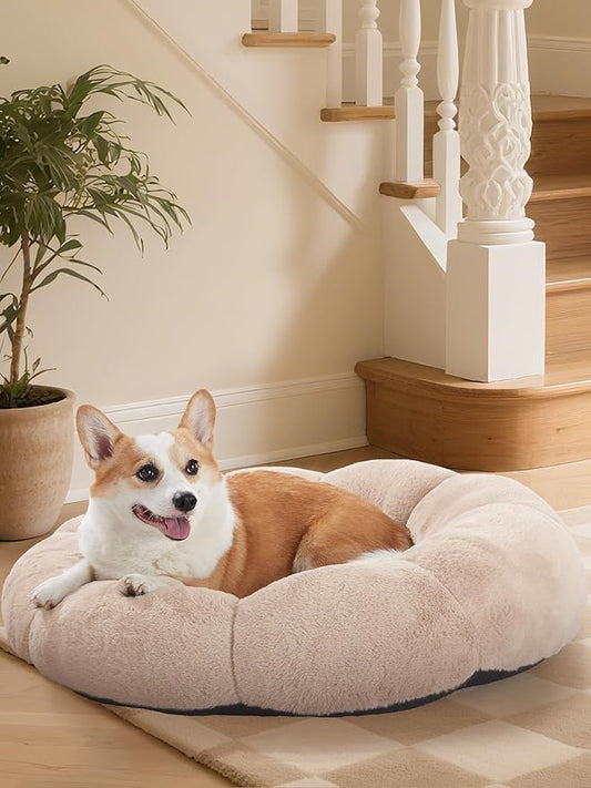OhGeni 31 inches Calming Donut Orthopedic Dog & Cat Bed for Medium Pets, Warming Comfort Fluffy Short Pile Fur, Durable Waterproof Machine Washable Removable Cover, Cute Round Bed for Puppy, Cream