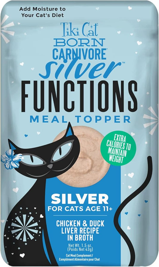 Tiki Cat Born Carnivore Functions Silver, Chicken & Duck Liver Recipe in Broth, High Protein Formulated for Senior Cat Diets, Mousse Cat Food Topper for Older Cats 11+, 1.5 oz. Pouch (12 Count)