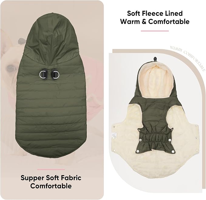 Fleece Lining Dog Hoodie with Harness Built in,Extra Warm Medium Dog Jacket in Winter Doggie Coats with Drawstring Hooded,Green L