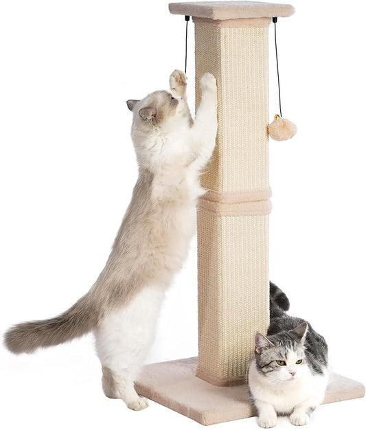Large Cat Scratching Post with Heavy Duty Base 33" Sturdy Square Sisal Scracher Post and 2 Interactive Hanging Balls for Big Cats-Beige