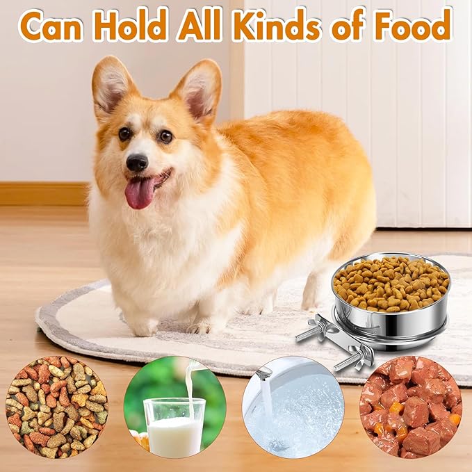 Dog Kennel Food and Water Bowls, 2 Pack Hanging Metal Dog Bowls No Spill, Stainless Steel Pet Dish for Small & Medium Breed Pets (6.3 x 2.6” & 5.5 x 2.4”)