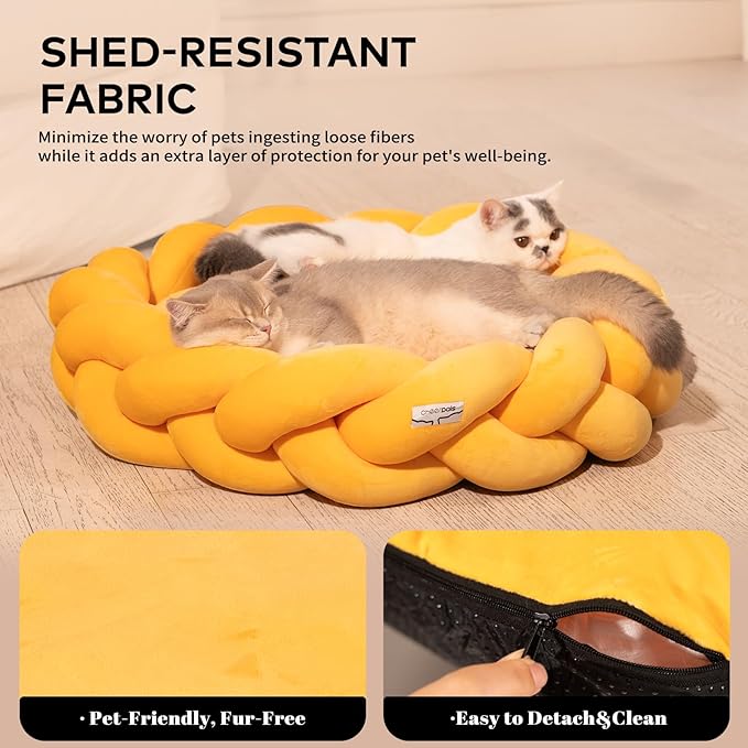 CHEERPALS Weave Cat Bed for Indoor Cats,Cute Pet Bed with Washable Cushion Fluffy Kitty Bed for Small Dog(Eggshell Yellow)