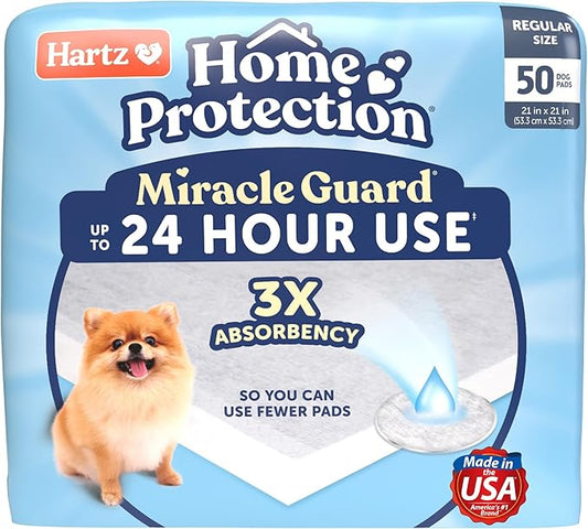 Hartz Home Protection Miracle Guard Dog Pads, Regular Size 50 Count, 3X Absorbency & 3X Longer use, Won't Leak and Odor Eliminating