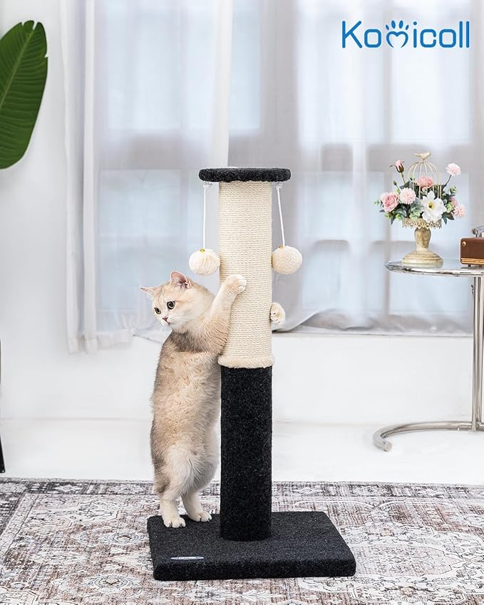 34-Inch Tall Cat Scratching Post for Indoor Cats, Large Carpet Scratch Post, Sisal Cat Scratcher, Sturdy and Durable Cat Post with Hanging Ball Black