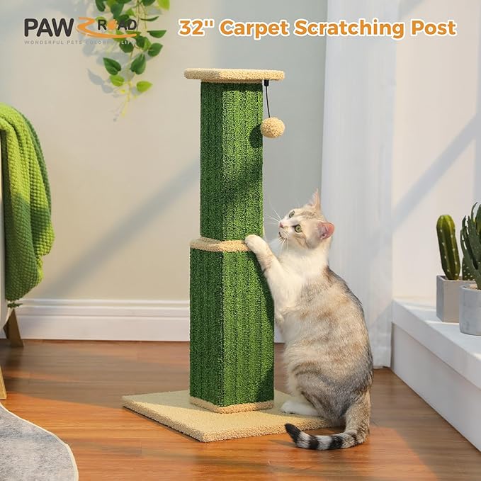 PAWZ Road Carpet Cat Scratching Post 32” Tall Scratching Post for Indoor Cats Adults Ultimate Scratch Post with Carpet, Large Base and Removable Dangling Ball- Green