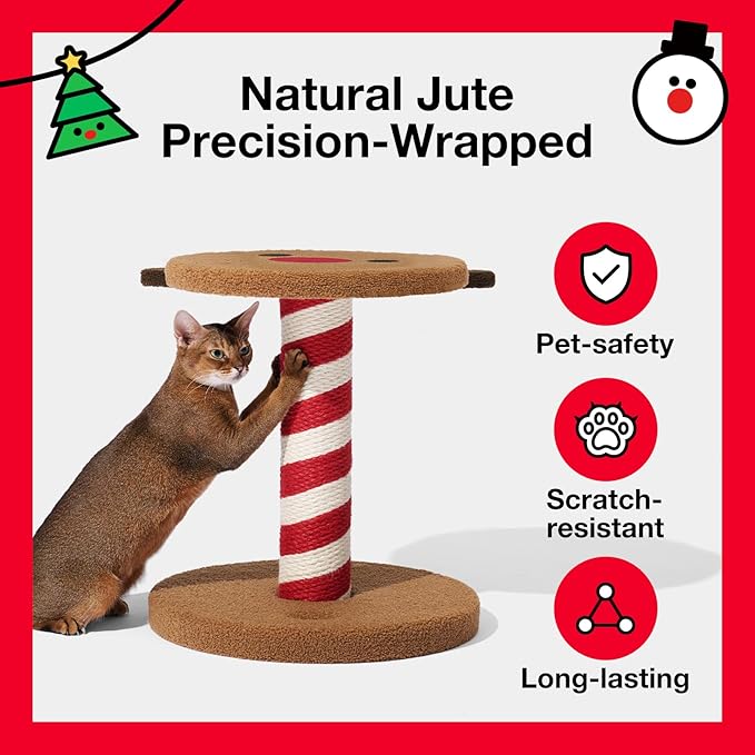 VETRESKA 18.1" Reindeer Cat Scratching Post, Two-Layer Soft Plush Platforms, Space-Saving Kitten Christmas Cat Scratch & Rest Furniture, Holiday Decoration