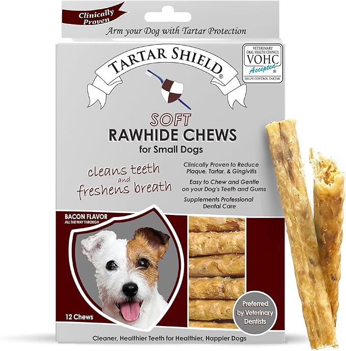 Tartar Shield Soft Rawhide Chews | Safe Dental Treats for Small Dogs | Vet VOHC Approved | Daily Bone Cleans Teeth & Gums Fresh Breath Oral Health Support | USA Made | (Small Dogs / 12 Count)