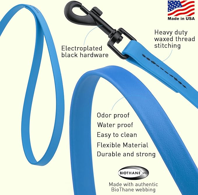 Dogline Biothane Waterproof Dog Leash Strong Coated Nylon Webbing with Black Hardware Odor-Proof Easy to Clean High Performance for Small or Large Dogs Made in USA 2 ft Lead, Cerulean Blue