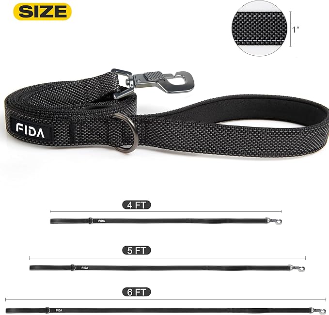 Fida 5 FT Heavy Duty Dog Leash with 2 Comfortable Padded Handles, Traffic Handle & Advanced Easy Snap Hook, Reflective Walking Lead for Large, Medium & Small Breed Dogs, Black