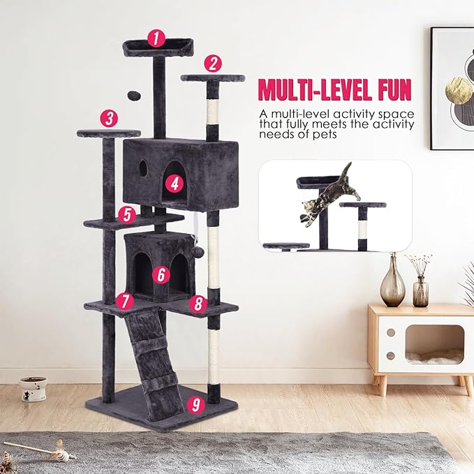 PayLessHere 70in Multi-Level Cat Tower with Scratching Post, Cat Condo Stand House, Indoor Kitty Activity Center with Furry Ball Toys, Ashy