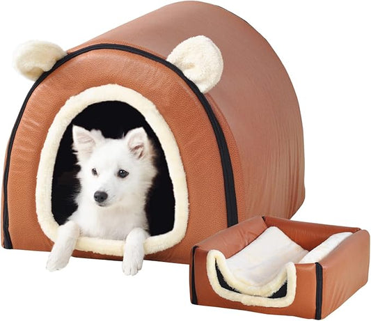 Dog Bed,2 Ways to Use,Indoor Pet House with Fluffy Mat,Removable and Washable Cover,Splash-Proof House and Non-Slip Bottom,for Large Dogs(XL Brown Faux Leather)