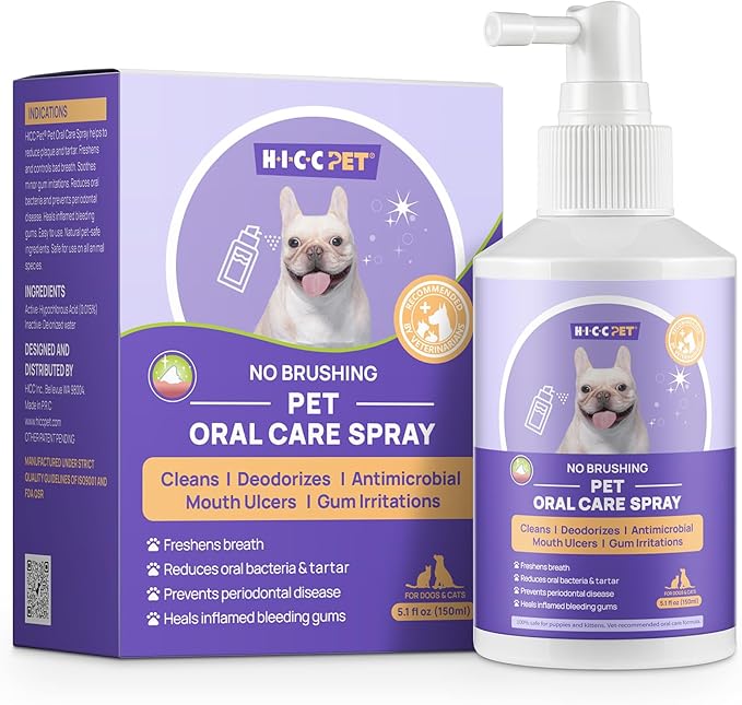 HICC PET Dog Dental Care Spray, Vet-Recommended Breath Freshener & Teeth Cleaning Spray, Eliminate Bad Breath, Relieve Gum Redness & Infections, Reduce Plaque & Tartar, No Brushing, 5.1 Fl Oz
