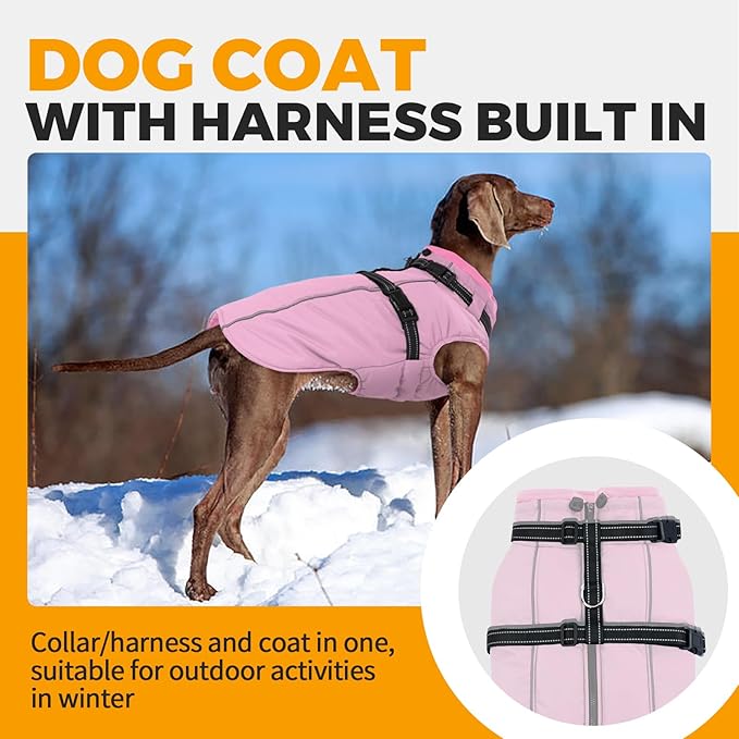Lelepet Dog Coat for Large Dogs Waterproof Dog Jacket with Harness Built in Windproof Reflective Fleece Jacket with Zip Warm Winter Coats for Dogs Cozy Thermal Pet Snowsuit, Border Collie, Pink, XL